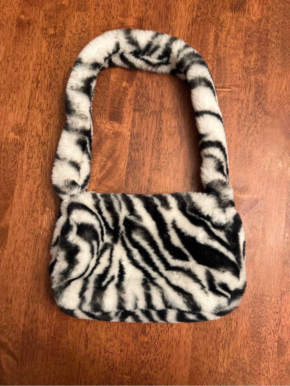 Y2K black & white zebra print plush, fuzzy shoulder purse